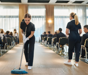 Funcionária de empresa terceirizada realizando limpeza profissional em ambiente corporativo durante um evento
