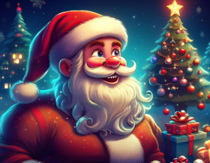 Imagem ilustrativa do Papai Noel com um sorriso caloroso, em frente a uma árvore de Natal decorada com luzes e enfeites coloridos, cercada por presente